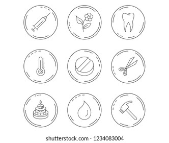 Tooth, syringe and tablet icons. Flower, water drop and cake linear signs. Hammer, scissors and thermometer flat line icons. Linear Circles web buttons with icons. Vector