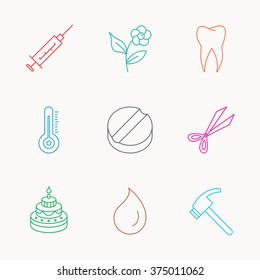 Tooth, syringe and tablet icons. Flower, water drop and cake linear signs. Hammer, scissors and thermometer flat line icons. Linear colored icons.