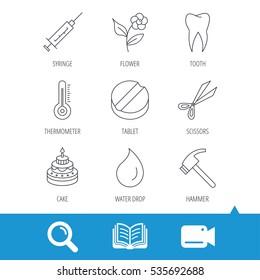 Tooth, syringe and tablet icons. Flower, water drop and cake linear signs. Hammer, scissors and thermometer flat line icons. Video cam, book and magnifier search icons. Vector