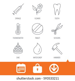 Tooth, syringe and tablet icons. Flower, water drop and cake linear signs. Hammer, scissors and thermometer flat line icons. Download arrow, locker and calendar web icons. Vector