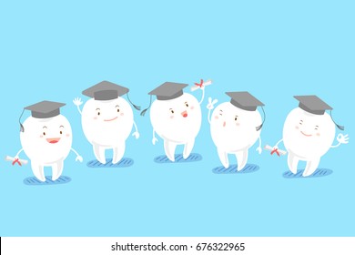tooth takes graduation hat on the blue background