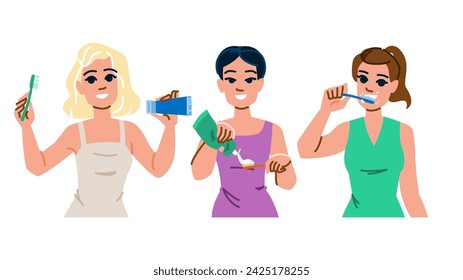 cepillado de dientes de dientes de mujer vector. cuidado dental, sonrisa joven, dientes de dientes felices limpios cepillado de mujer personaje. personas ilustración de dibujos animados plana