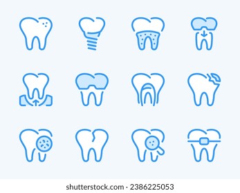 Tooth and Teeth care vector line icons. Dentistry, Dental problems and Stomatology outline icon set. Braces, Caries, Implant, Cracked Tooth and more.