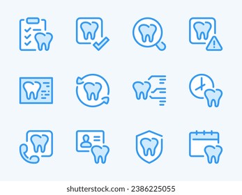 Zähne und Zähne pflegen Vektorlinien-Symbole. Zahnheilkunde, Zahnbehandlung und Stomatologie-Umriss-Icon Set.	Termin-Zeit, Röntgenaufnahme des Zahnes, Checkup, Karies-Behandlung und mehr.