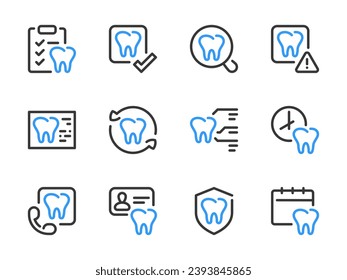 Iconos vectoriales de cuidado de dientes y dientes. Conjunto de iconos para la odontología, el tratamiento dental y la estomatología.