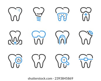 Tooth and Teeth care vector line icons. Dentistry, Dental problems and Stomatology outline icon set.