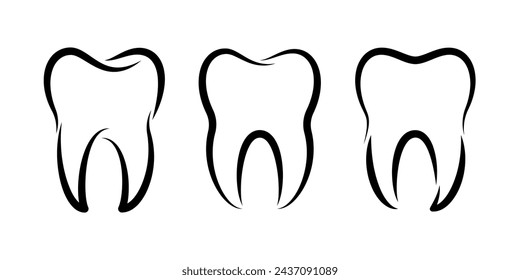 Tooth or teeth icons for dentistry clinic, toothpaste and dental mouthwash. Vector outline healthy tooth or teeth icons