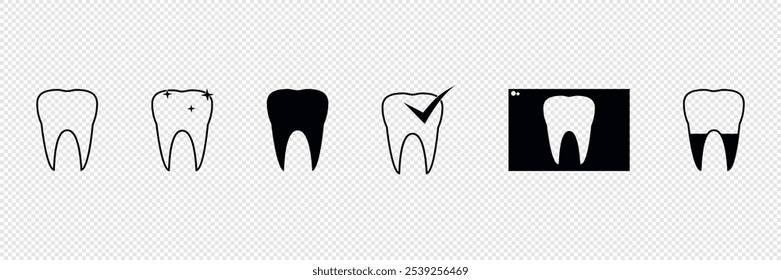 Dente. Dentes. Conjunto de ícones de linha. Dentista. Logotipo da clínica dentária. Dentes limpos.