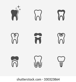 Tooth, teeth nine vector black medical icons isolated on gray background