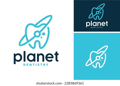 Tooth Teeth with Planet Orbit Ring for Dental Dentist Dentistry Orthodontic Line Art logo design