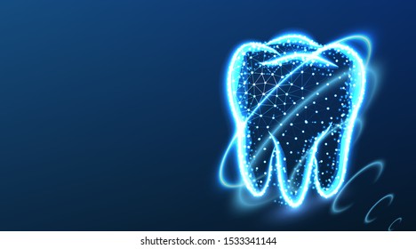 tooth, teeth, safety coating. Dental care. Dental Protection, Abstract Low Poly Wireframe mesh design. From Connecting dot and line. Vector Illustration on dark blue background