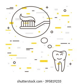 Tooth thinks about toothbrush with toothpaste linear vector illustration. Dental tooth care technology creative concept. Healthy tooth hygiene symbol. Clean tooth protection graphic design.