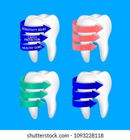 Tooth with three spiral arrow. Tooth cleanliness, design element. Dental care concept, illustration isolated on blue background.