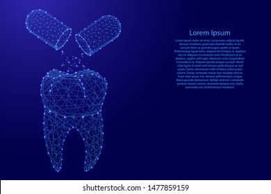 Tooth three-dimensional 3d and the concept of medical restore the enamel from pills from futuristic polygonal blue lines and glowing stars for banner, poster, greeting card. Vector illustration.