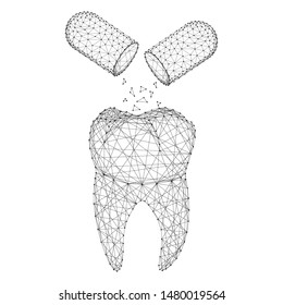 Tooth three-dimensional 3d and the concept of medical restore the enamel from pills from abstract futuristic polygonal black lines and dots. Vector illustration.