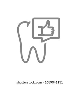 Diente con el pulgar arriba en el icono de la línea de burbuja del habla. Sano órgano en el símbolo de la cavidad oral