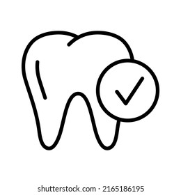 Tooth with tick check mark icon. Dental checkup, strong teeth, oral hygiene. Vector illustration isolated on white background.