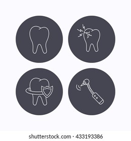 Tooth, toothache and drilling tool icons. Teeth protection linear sign. Flat icons in circle buttons on white background. Vector