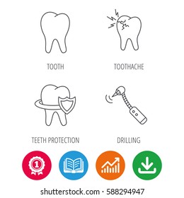 Tooth, toothache and drilling tool icons. Teeth protection linear sign. Award medal, growth chart and opened book web icons. Download arrow. Vector