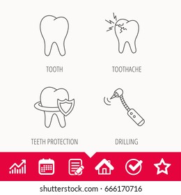 Tooth, toothache and drilling tool icons. Teeth protection linear sign. Edit document, Calendar and Graph chart signs. Star, Check and House web icons. Vector