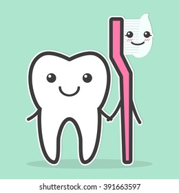 Tooth and toothbrush are best friends. Teeth hygiene concept. Vector illustration