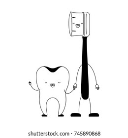 tooth and toothbrush in cartoon holding hands in black silhouette vector illustration