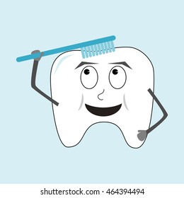 Tooth with toothbrush character, has big smile and is cleaning itself. Childish simple cartoon isolated vector illustration on light blue background.