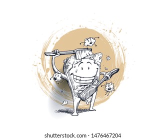 Tooth with a toothbrush,  tooth cleaning himself with a toothbrush. Dental hygiene concept. hand draw sketch vector illustration.