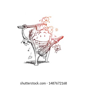 Tooth with a toothbrush,  tooth cleaning himself with a toothbrush. Dental hygiene concept. hand draw sketch vector illustration.