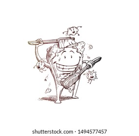 Tooth with a toothbrush,  tooth cleaning himself with a toothbrush. Dental hygiene concept. hand draw sketch vector illustration.