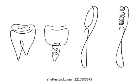 Tooth and toothbrush. Contour work in the style of line art. One line. Hand drawing