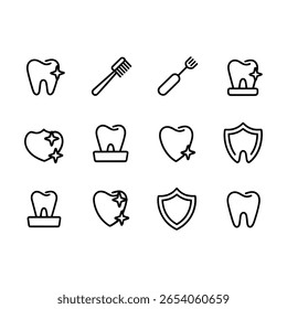 dente, escova de dentes, fio dental, coroa dentária, dente do coração, escudo dentário, ilustração de vetor de higiene oral.