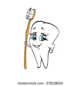 tooth and toothbrush funny comics cartoon character logo dentist isolated vector