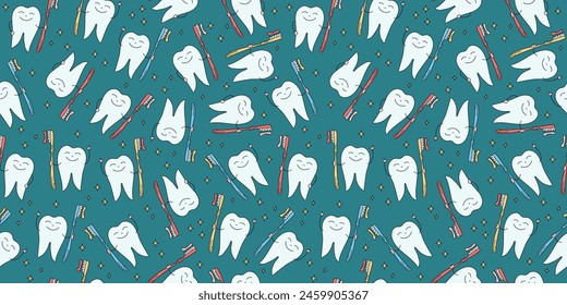  Diente con un cepillo en la mano. Patrón de odontología, limpieza dental. Diente blanco feliz sano brillante. Estrellas. Estilo Doodle. Higiene oral. Vector gráfico. Fondo inconsútil.