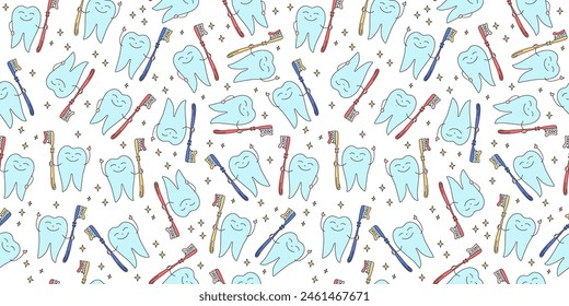  Diente con un cepillo en la mano. Patrón de odontología, limpieza dental. Diente blanco feliz sano brillante. Estrellas. Estilo Doodle. Higiene oral. Vector gráfico. Fondo inconsútil.