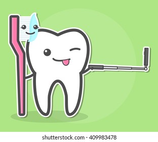 Tooth and toothbrush makes selfie. Dental vector illustration