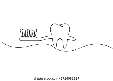 Zahn und Zahnbürste eine Linie Kunst für die tägliche Zahnhygiene Routine und professionelle Mundpflege Illustration