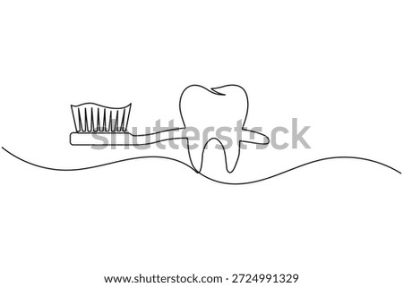 Tooth and toothbrush one line art for daily dental hygiene routine and professional oral care illustration