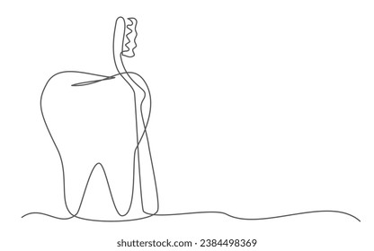 Tooth and Toothbrush One line drawing isolated on white background