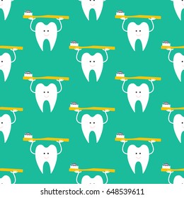 Tooth with toothbrush pattern on the green background. Vector illustration