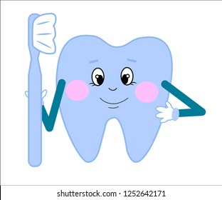 Tooth with a toothbrush, smiling. On a white background. Vector.
