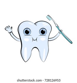 Tooth with a toothbrush, smiling, on a white background