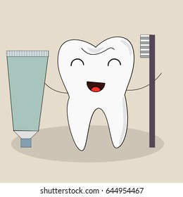 Tooth with a toothbrush, smiling toothpaste, illustration