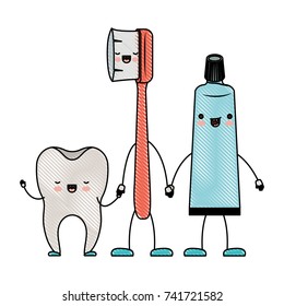 tooth and toothbrush and toothpaste in cartoon holding hands in colored crayon silhouette vector illustration
