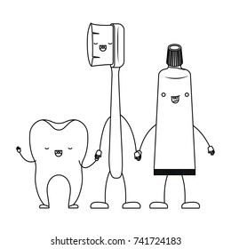 tooth and toothbrush and toothpaste in cartoon holding hands in monochrome silhouette vector illustration