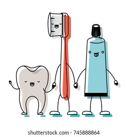 tooth and toothbrush and toothpaste in cartoon holding hands in watercolor silhouette vector illustration