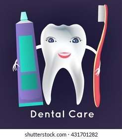 Tooth with toothbrush and toothpaste in childish style. Teeth hygiene concept. Dental image useful for poster, placard, leaflet and brochure design. Editable vector illustration