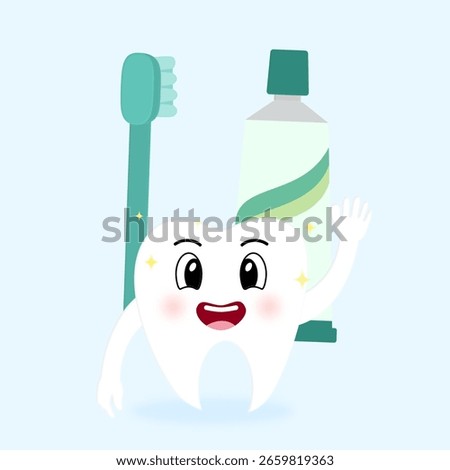 tooth with toothbrush and toothpaste. Cute Cartoon Illustration of Happy Tooth Character with Toothbrush and Toothpaste