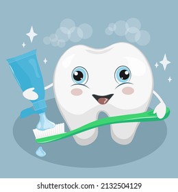 
tooth with a toothbrush and toothpaste in his hands