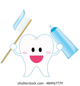 a tooth with toothbrush and toothpaste on white background, the picture on the subject of health